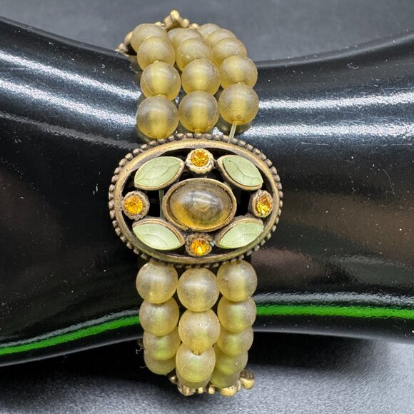 NEW Beaded Stretchy Bracelet Green Gold Tone by Acess-Mode with Tag - Picture 4 of 7